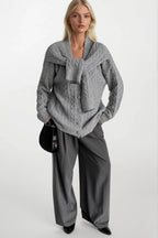 Accessory Detail Braided Knit Gray Knit Cardigan