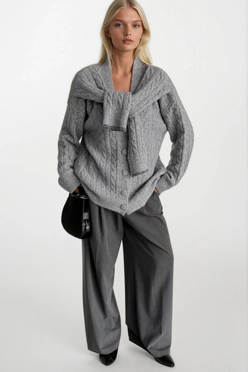 Accessory Detail Braided Knit Gray Knit Cardigan
