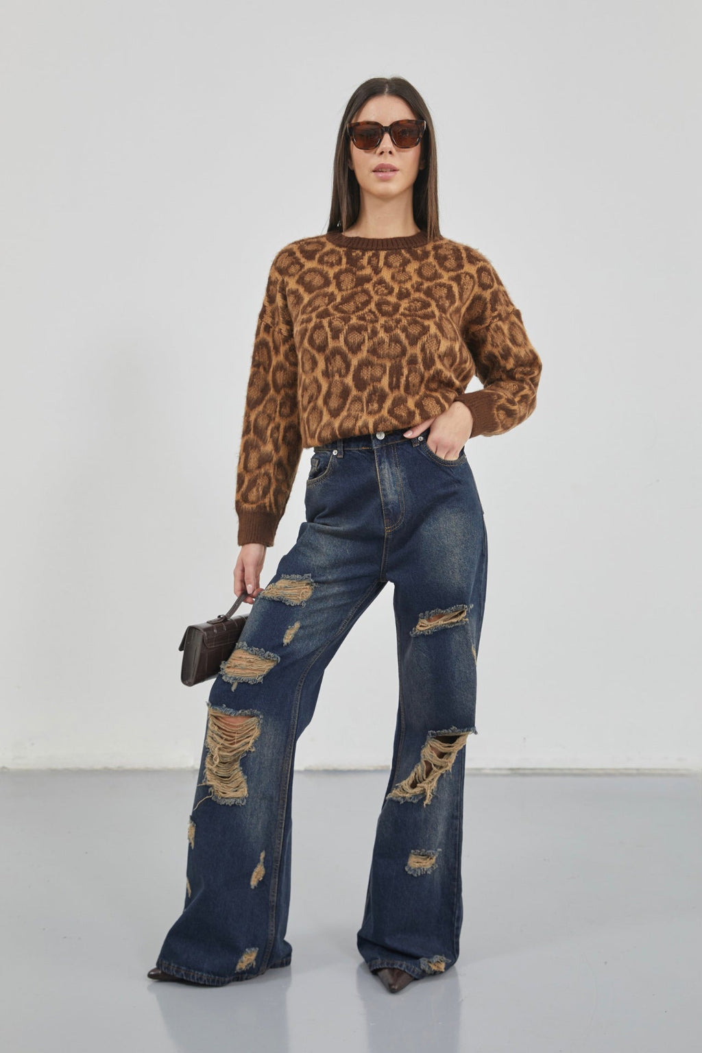 Leopard Patterned Brown Fuzzy Knit Sweater