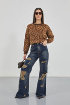 Leopard Patterned Brown Fuzzy Knit Sweater