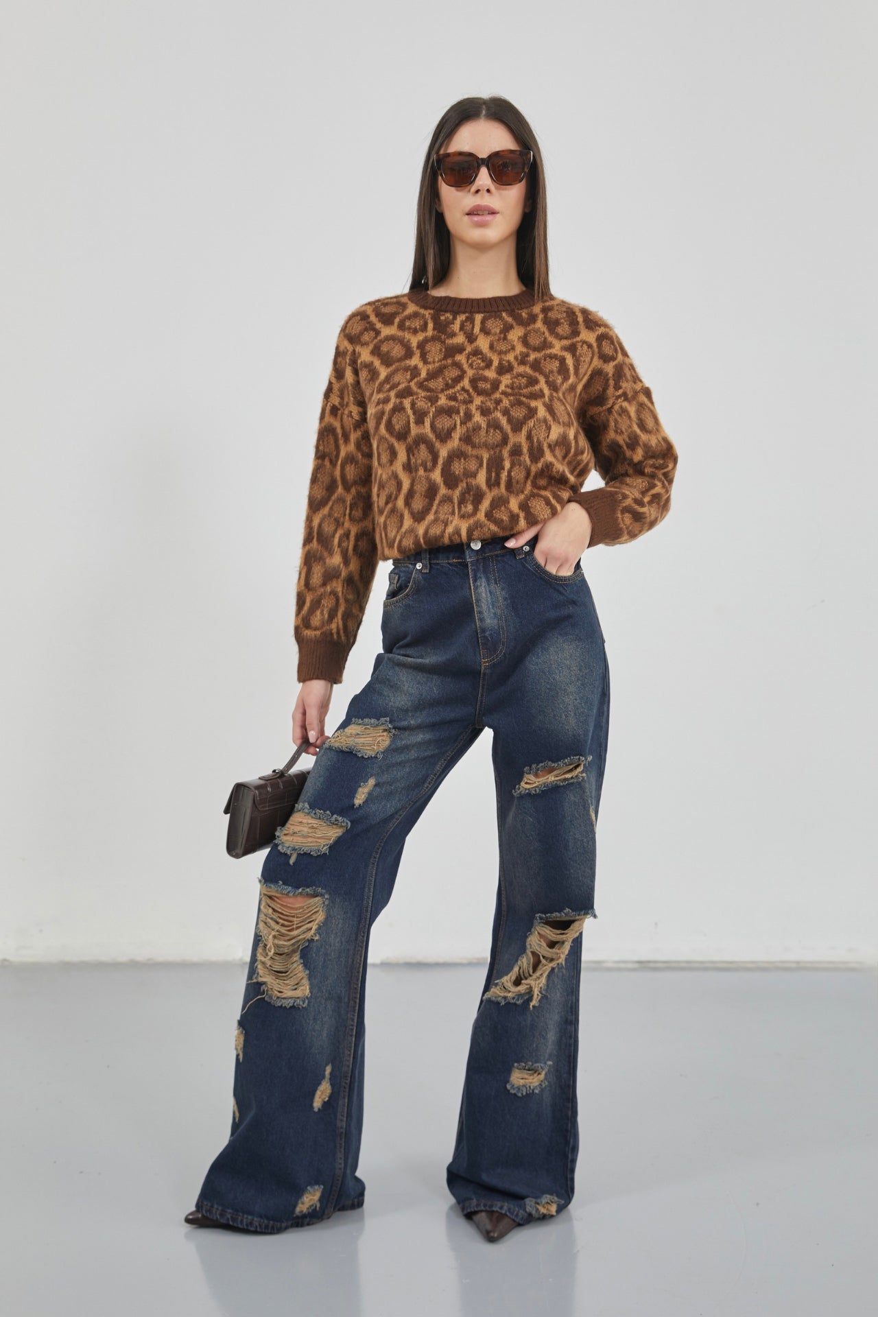 Leopard Patterned Brown Fuzzy Knit Sweater