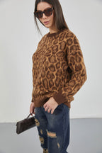 Leopard Patterned Brown Fuzzy Knit Sweater