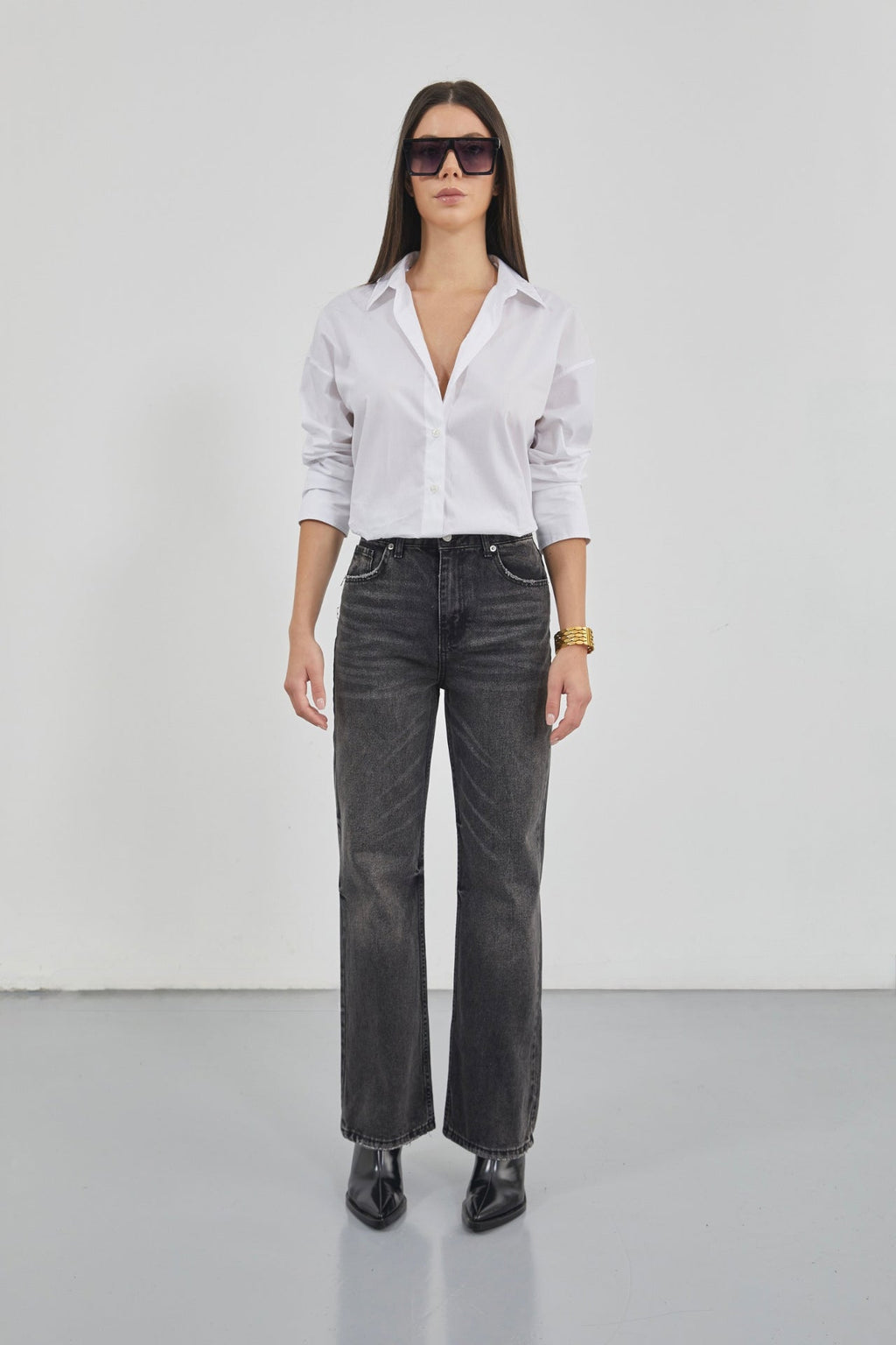 Stitch Detail Wide Leg Black Jeans