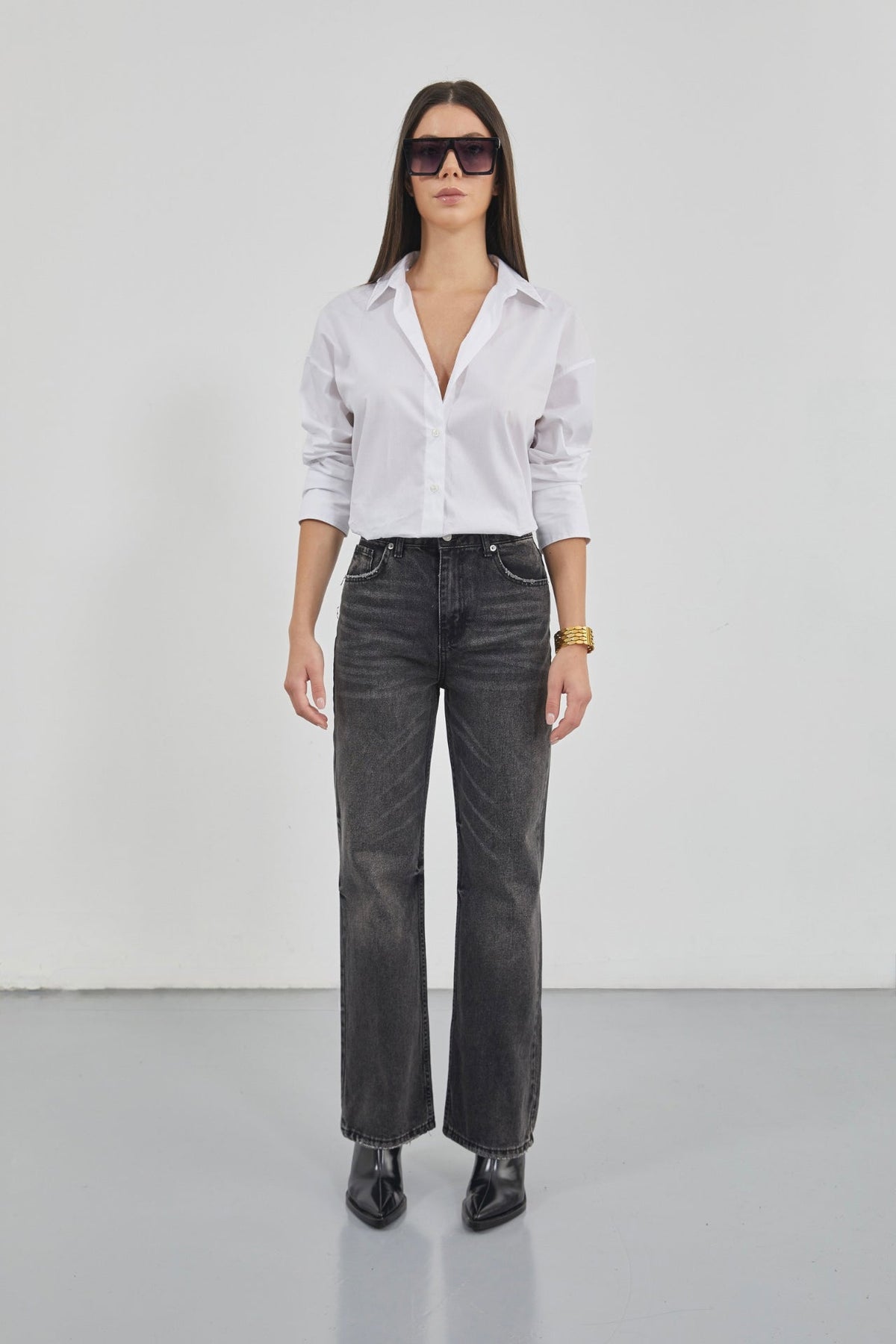 Stitch Detail Wide Leg Black Jeans