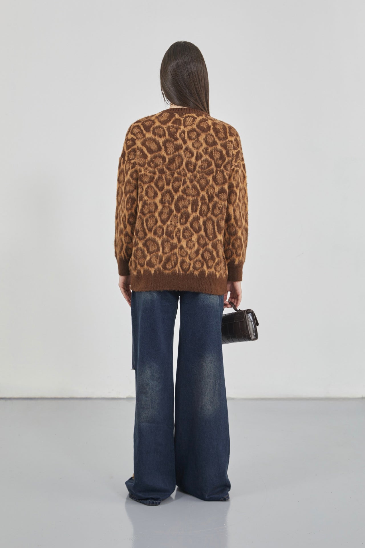 Leopard Patterned Brown Fuzzy Knit Sweater