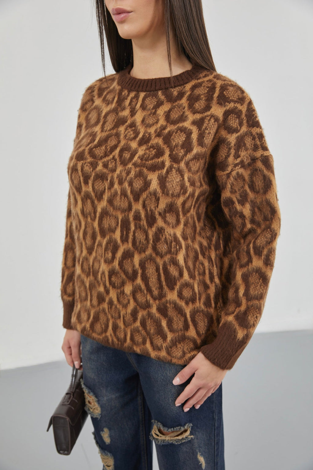 Leopard Patterned Brown Fuzzy Knit Sweater