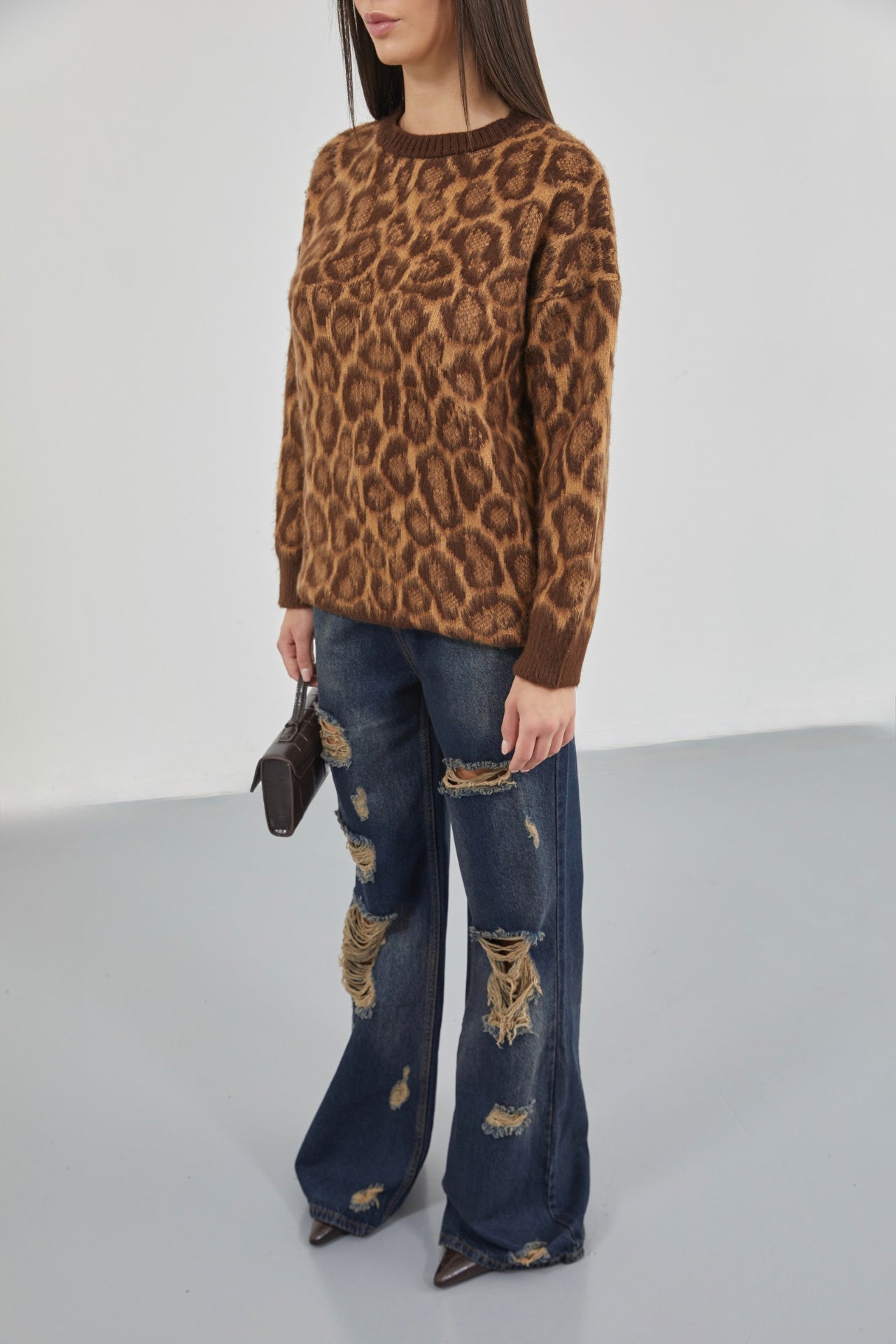 Leopard Patterned Brown Fuzzy Knit Sweater