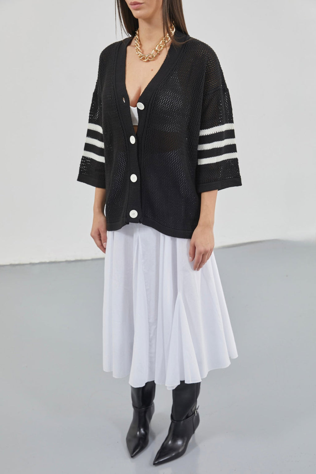 Black Cardigan with Openwork and Back Print
