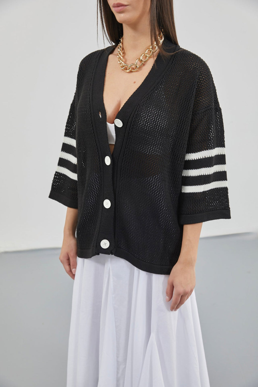 Black Cardigan with Openwork and Back Print