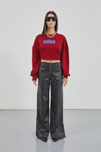 Cargo Pocket Wide Leg Black Leather Trousers