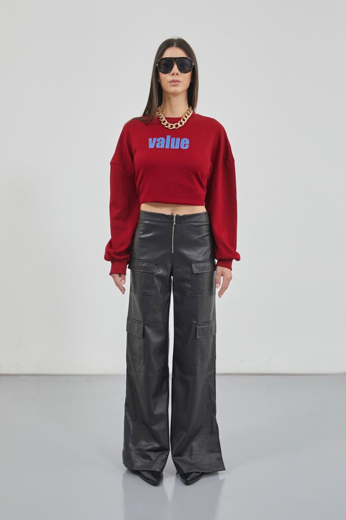 Cargo Pocket Wide Leg Black Leather Trousers