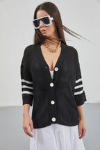 Black Cardigan with Openwork and Back Print