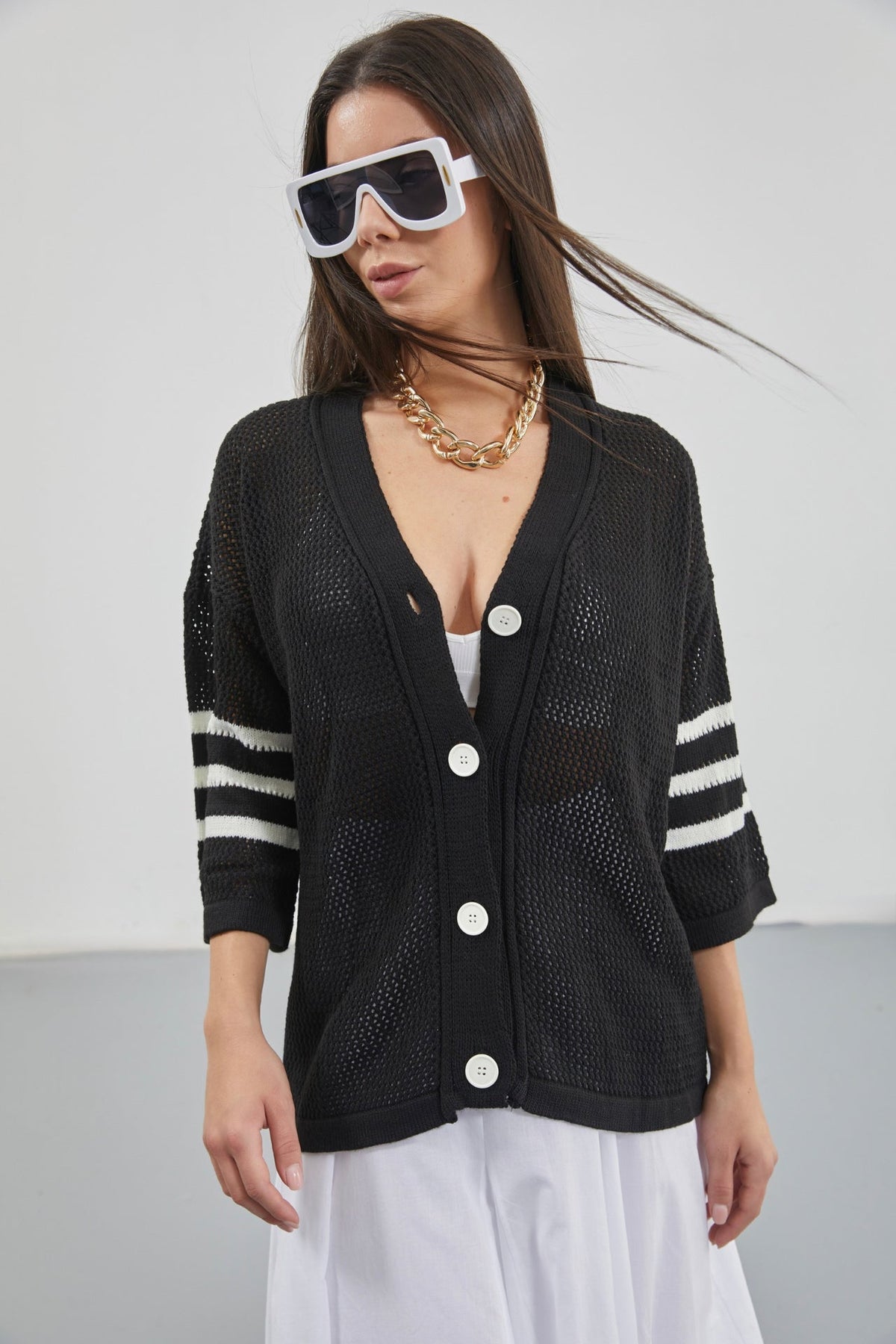 Black Cardigan with Openwork and Back Print