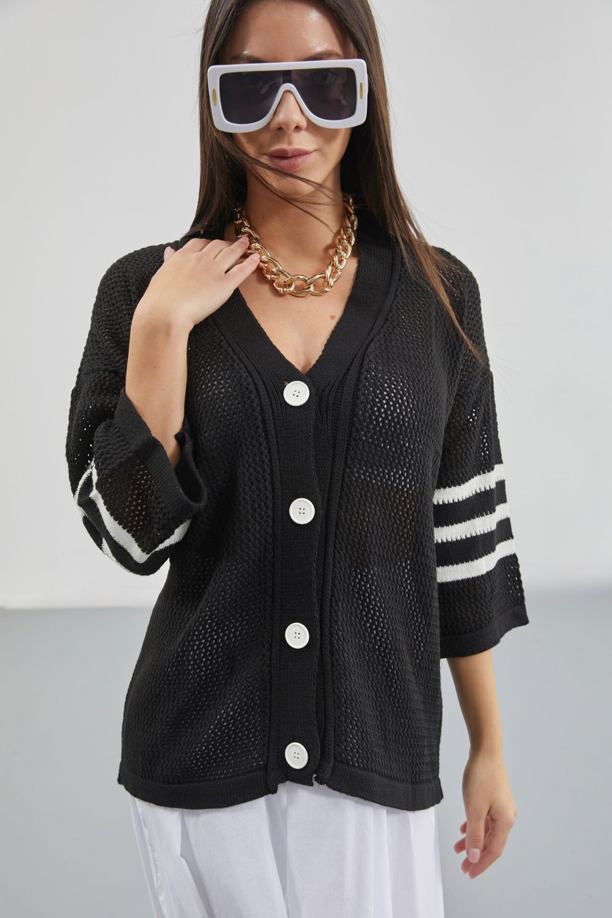 Black Cardigan with Openwork and Back Print