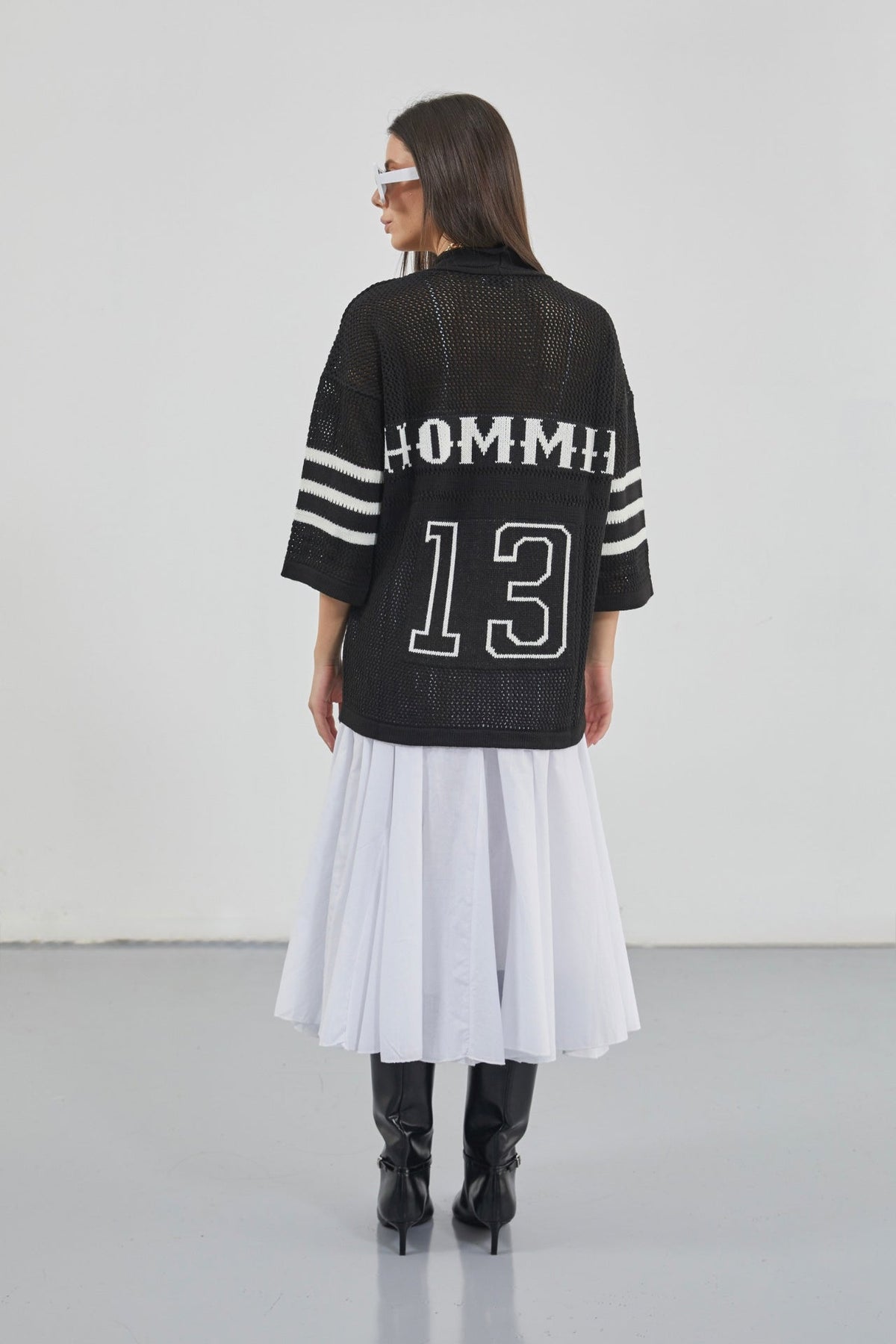 Black Cardigan with Openwork and Back Print