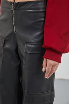 Cargo Pocket Wide Leg Black Leather Trousers