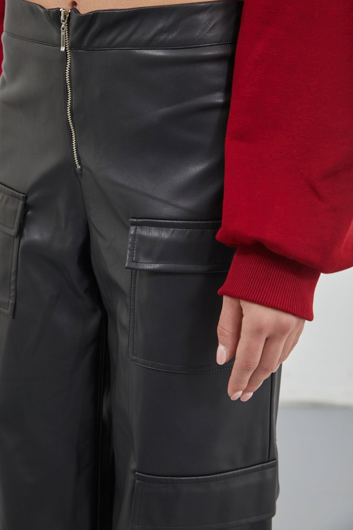 Cargo Pocket Wide Leg Black Leather Trousers