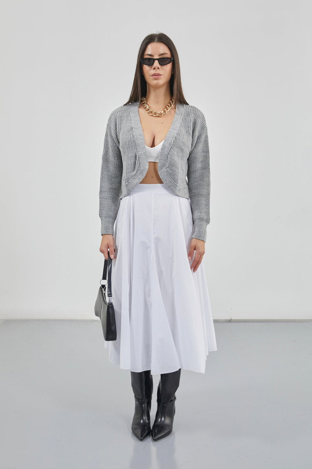 Crop Gray Knitted Cardigan with Piping