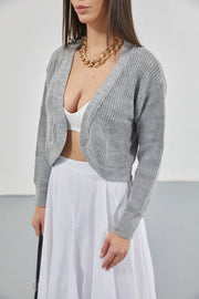 Crop Gray Knitted Cardigan with Piping