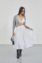 Crop Gray Knitted Cardigan with Piping