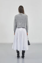 Crop Gray Knitted Cardigan with Piping
