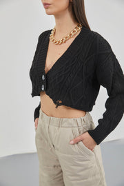 Diamond Pattern Black Crop Fringed Cardigan
