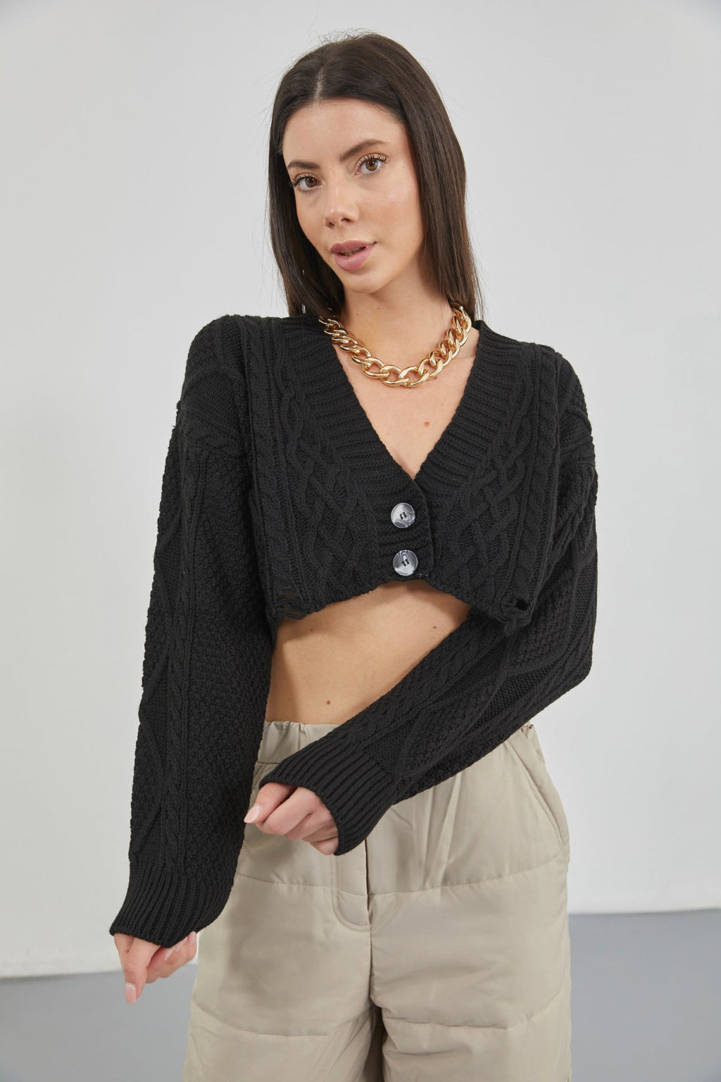 Baklava Pattern Black Crop Fringe Cardigan