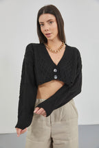 Baklava Pattern Black Crop Fringe Cardigan