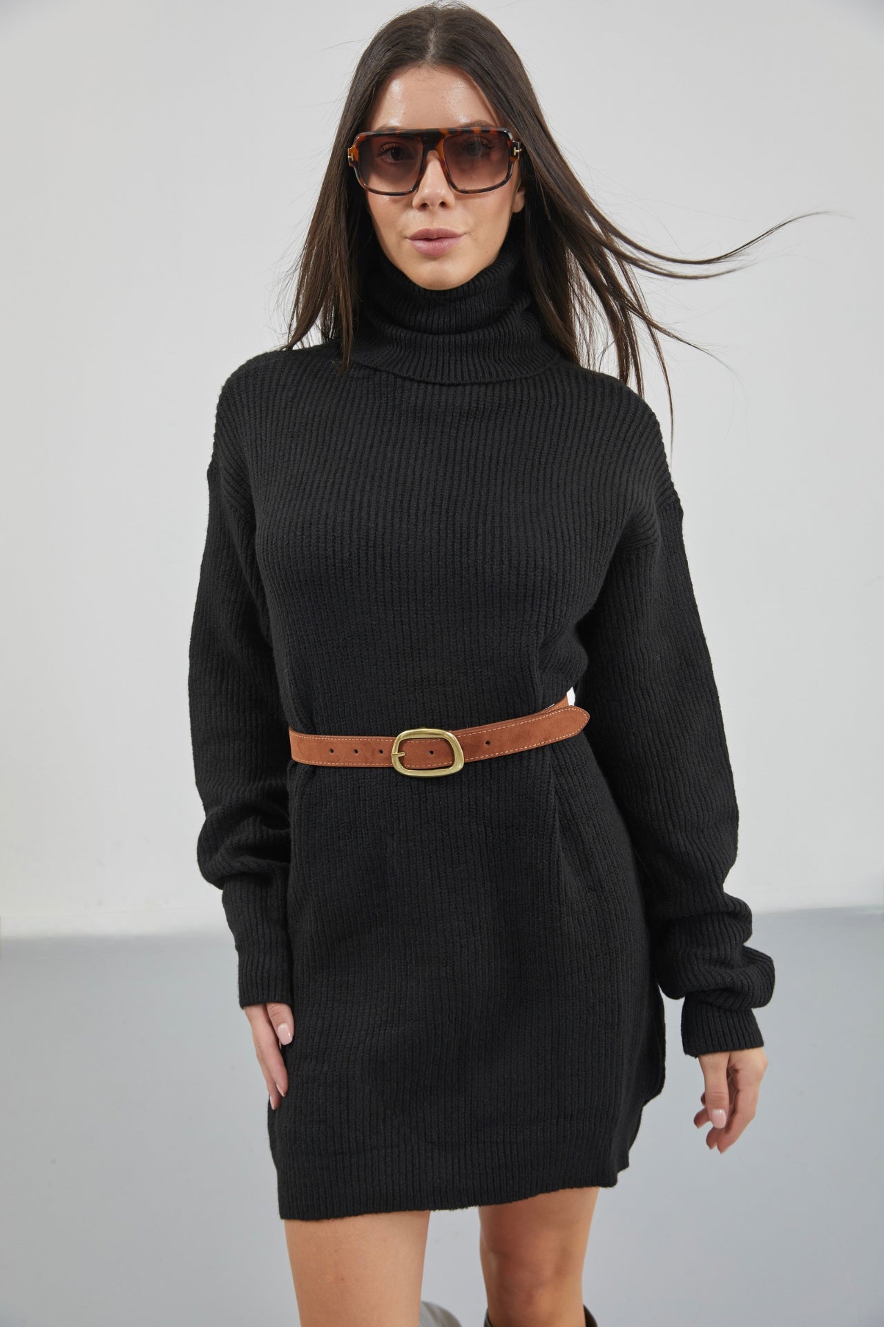 Oversize Turtleneck Black Knit Tunic