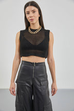 Openwork Black Crop Sweater Vest