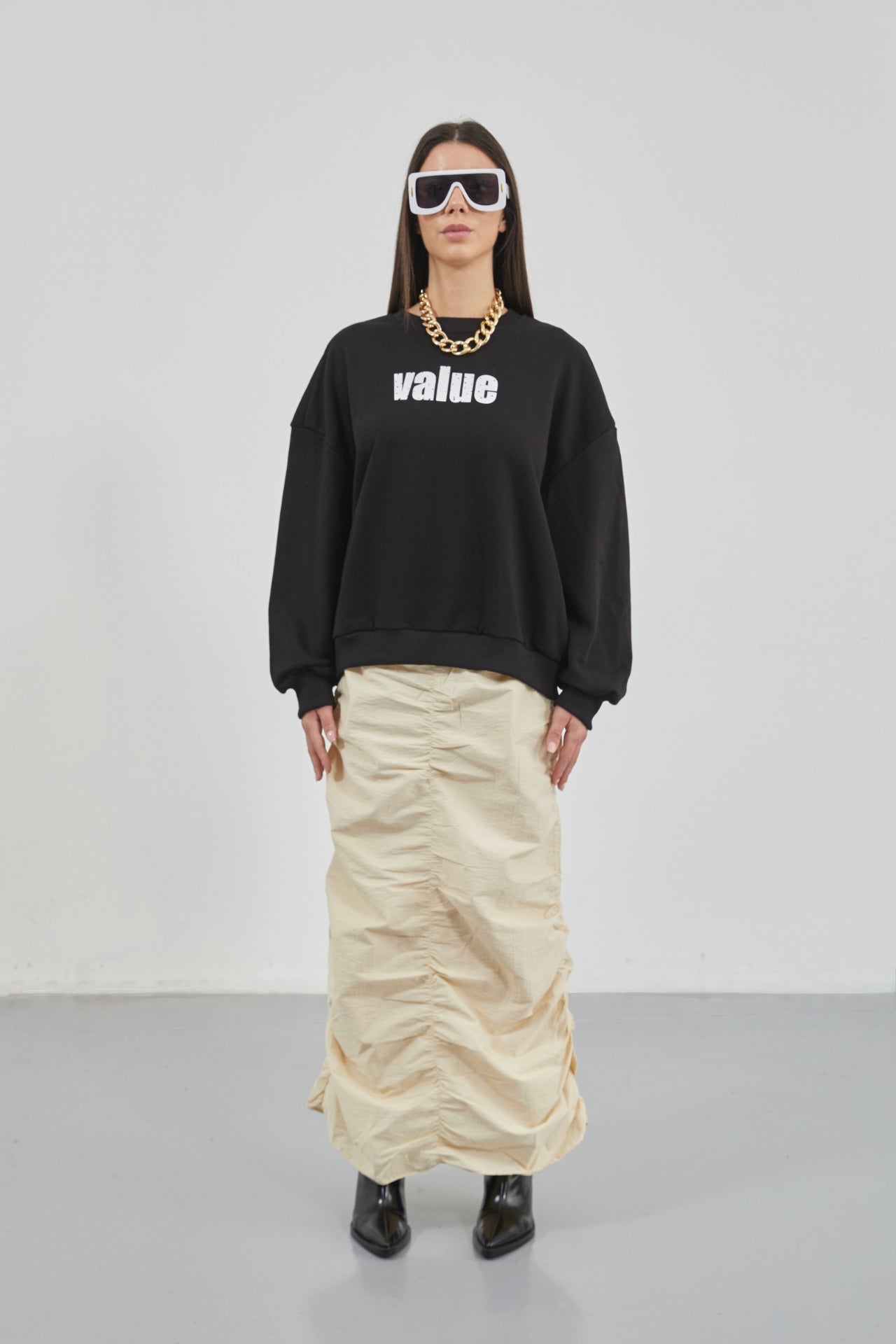 Printed Crew Neck Oversize Black Sweatshirt