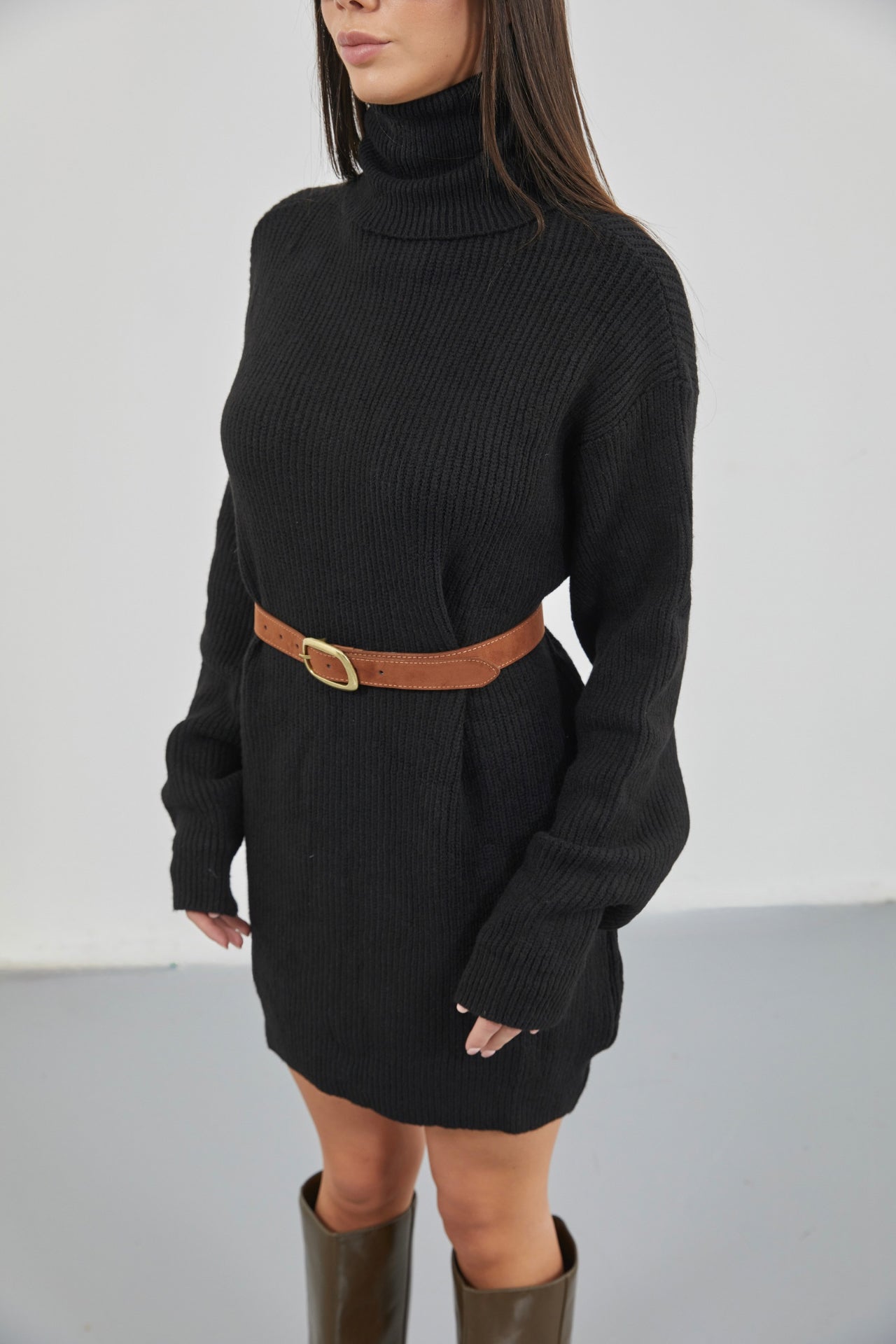 Oversize Turtleneck Black Knit Tunic