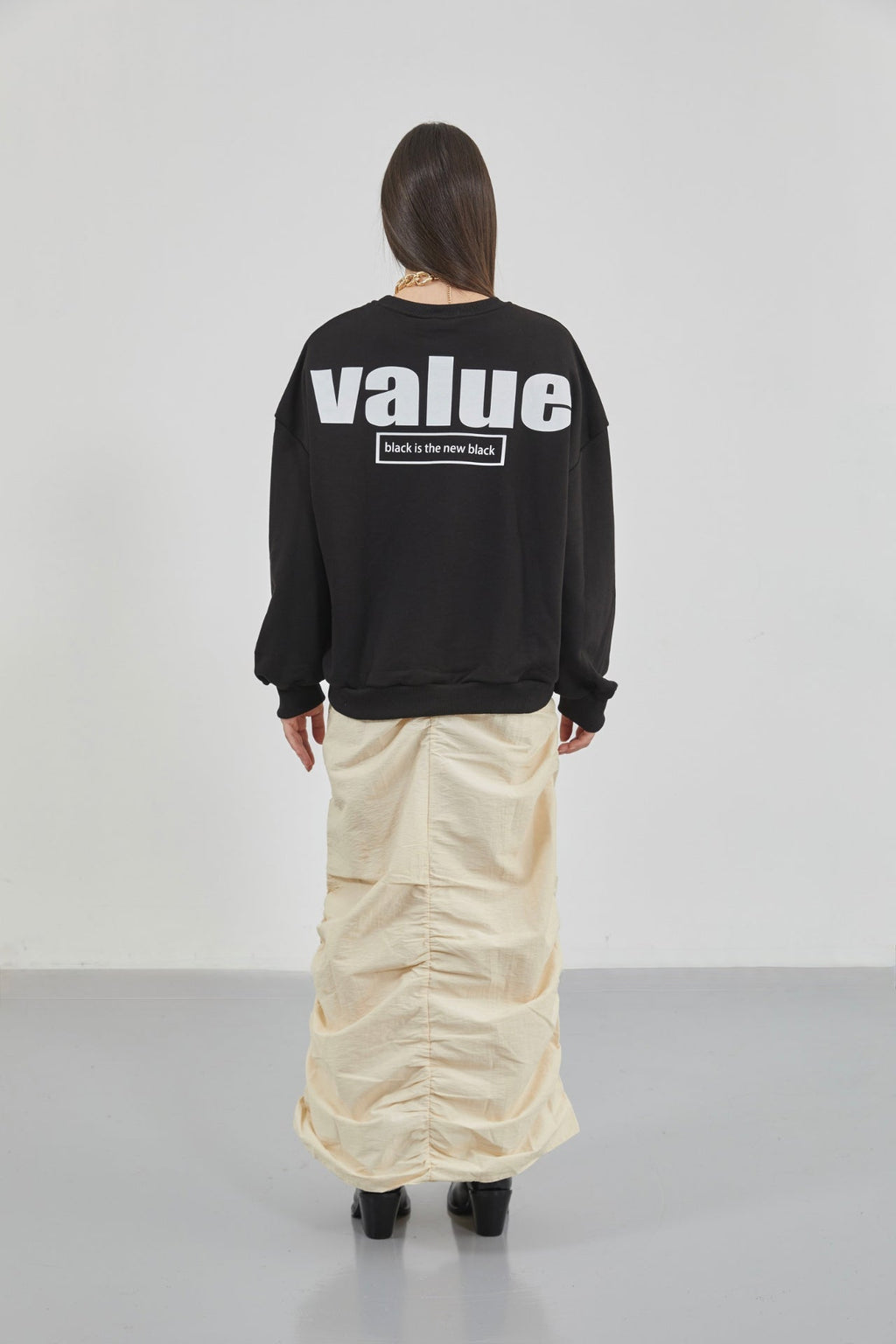 Printed Crew Neck Oversize Black Sweatshirt