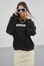 Printed Crew Neck Oversize Black Sweatshirt