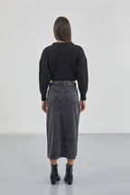 Slit Detail Denim Midi Black Skirt