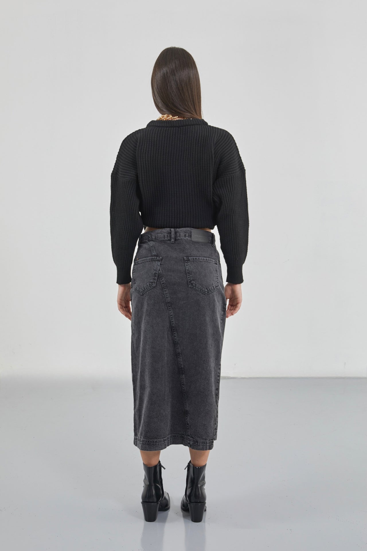 Slit Detail Denim Midi Black Skirt
