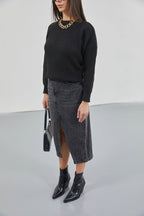 Slit Detail Denim Midi Black Skirt