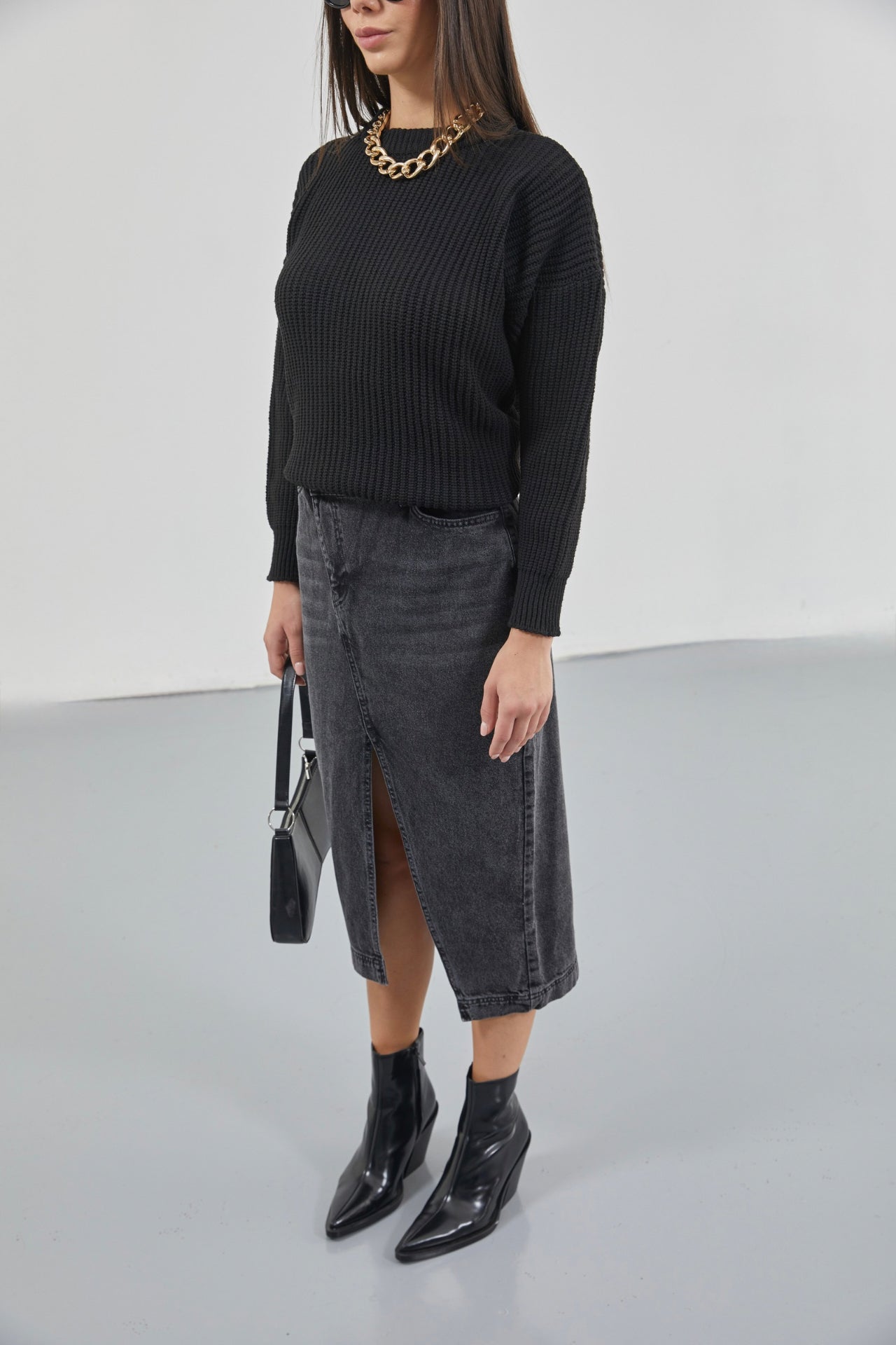 Slit Detail Denim Midi Black Skirt