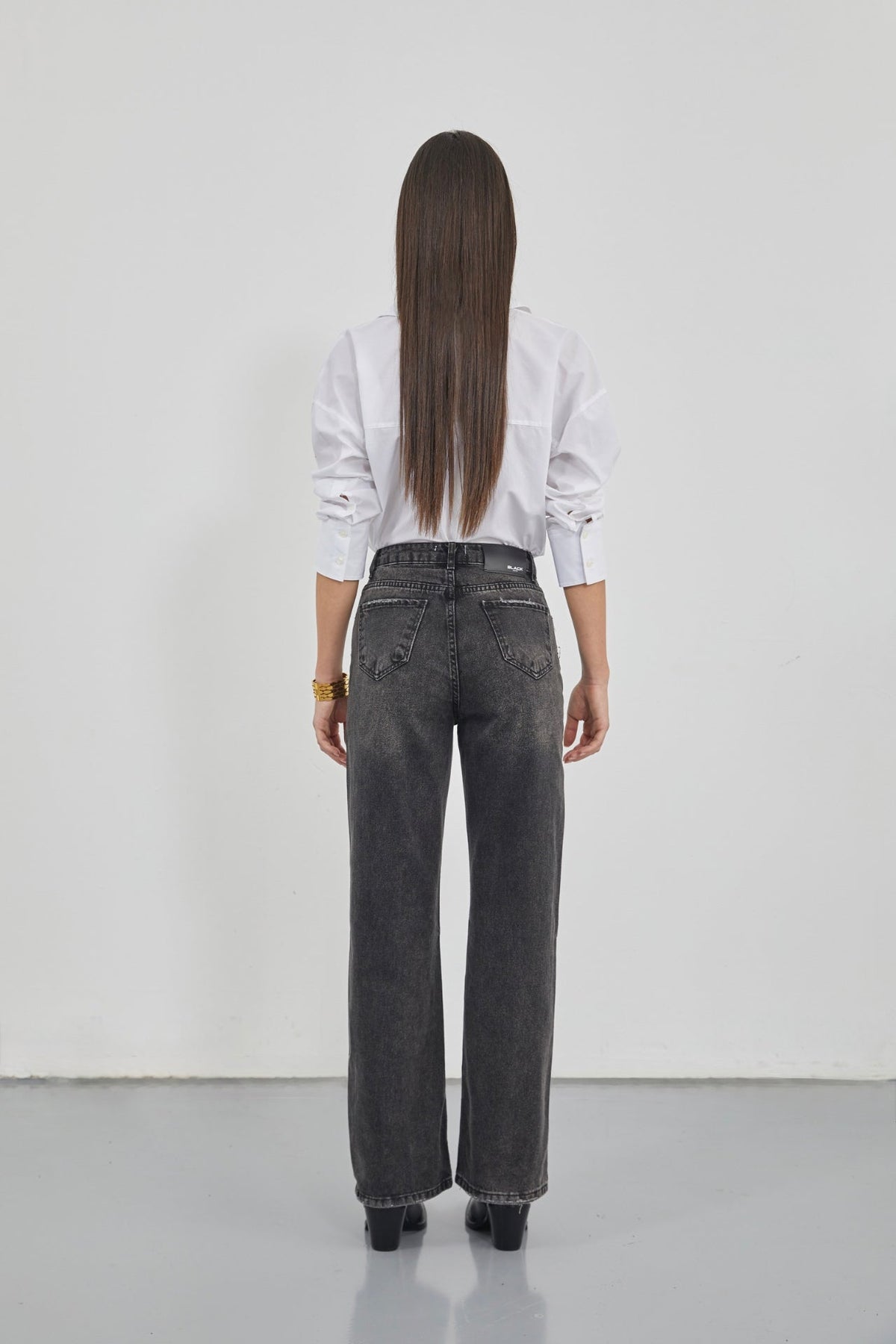 Stitch Detail Wide Leg Black Jeans