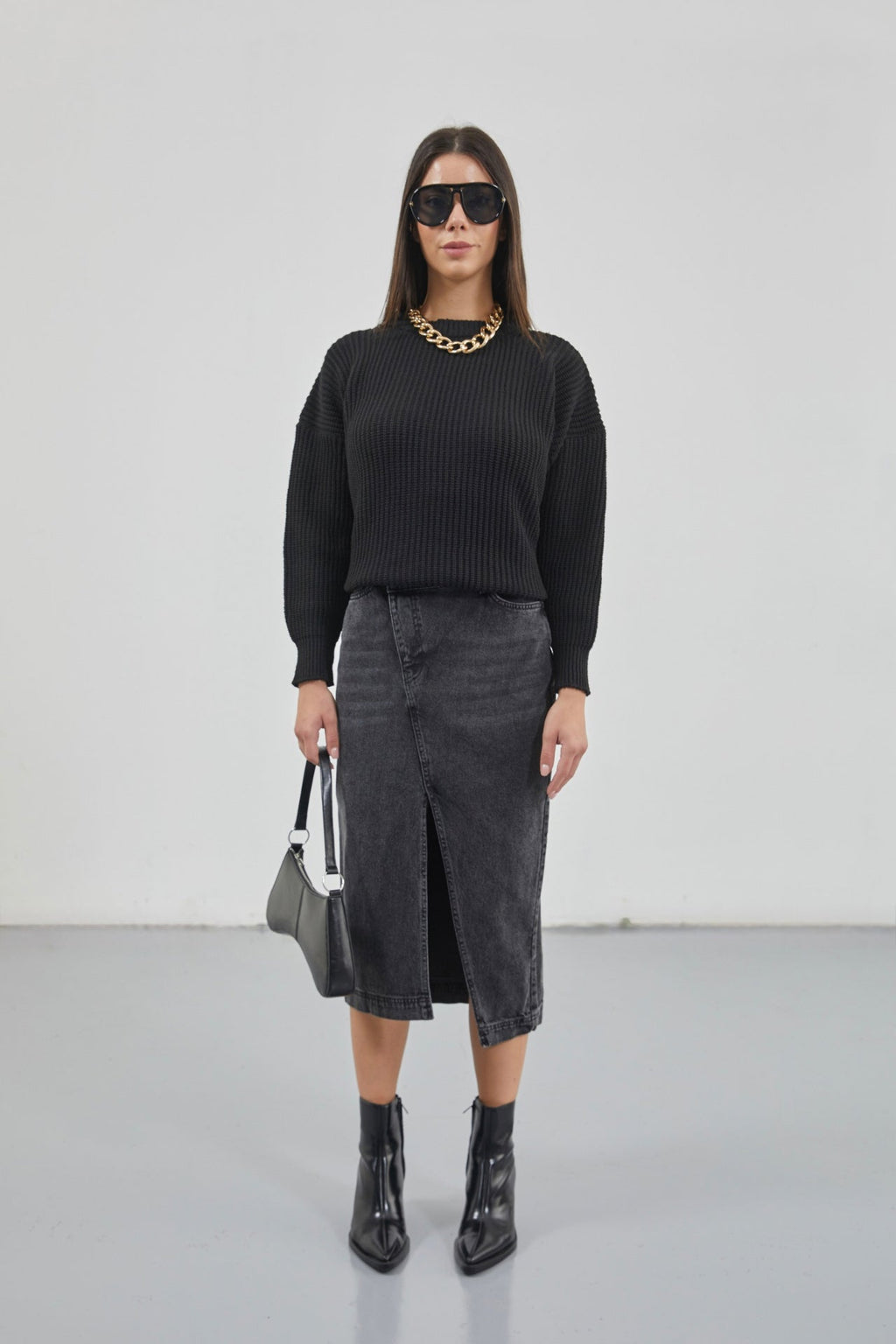 Slit Detail Denim Midi Black Skirt