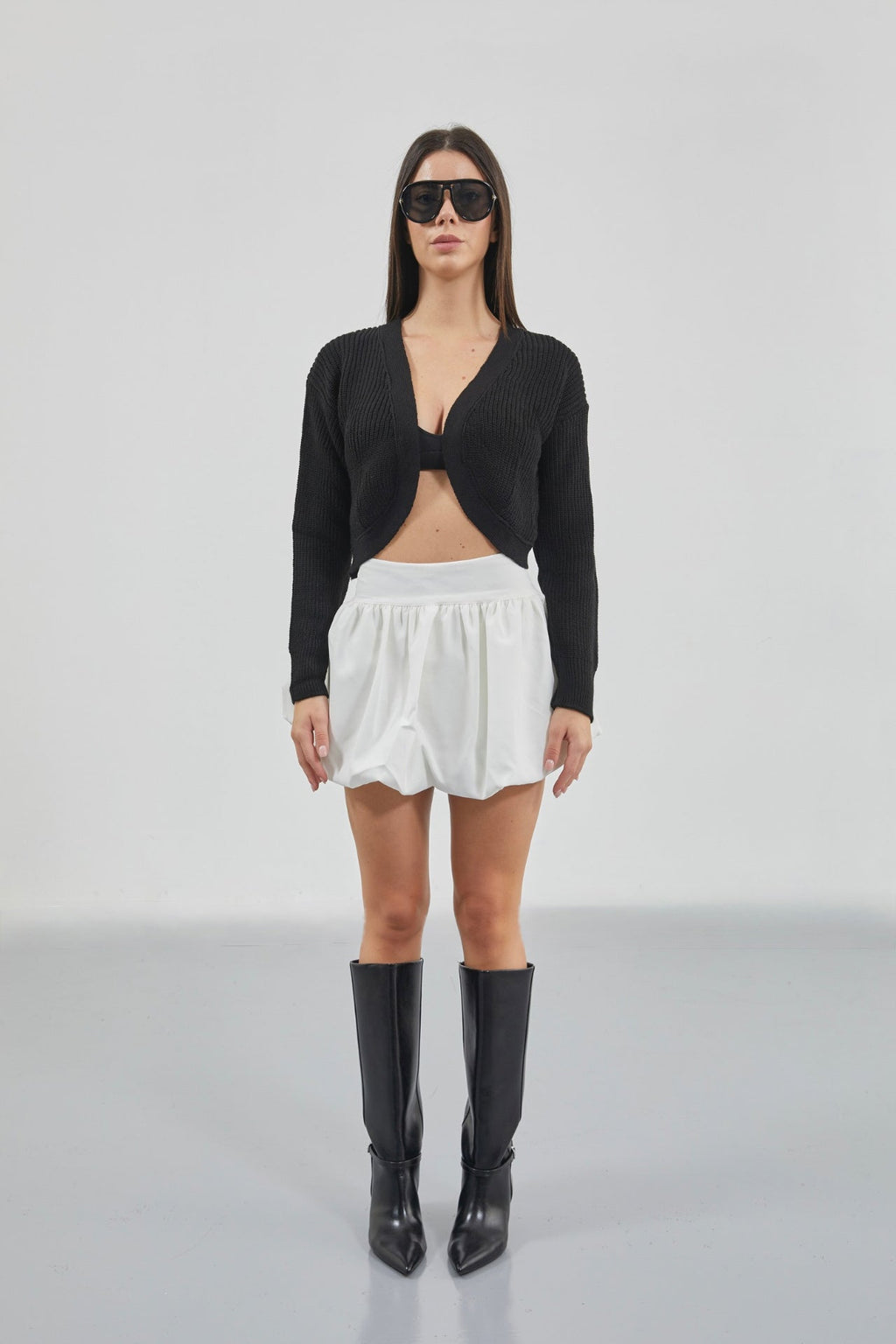 Crop Black Knitted Cardigan with Piping