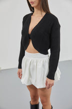 Crop Black Knitted Cardigan with Piping