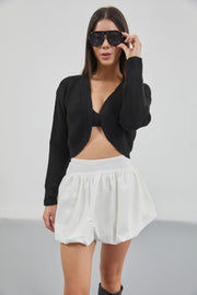 Crop Black Knitted Cardigan with Piping