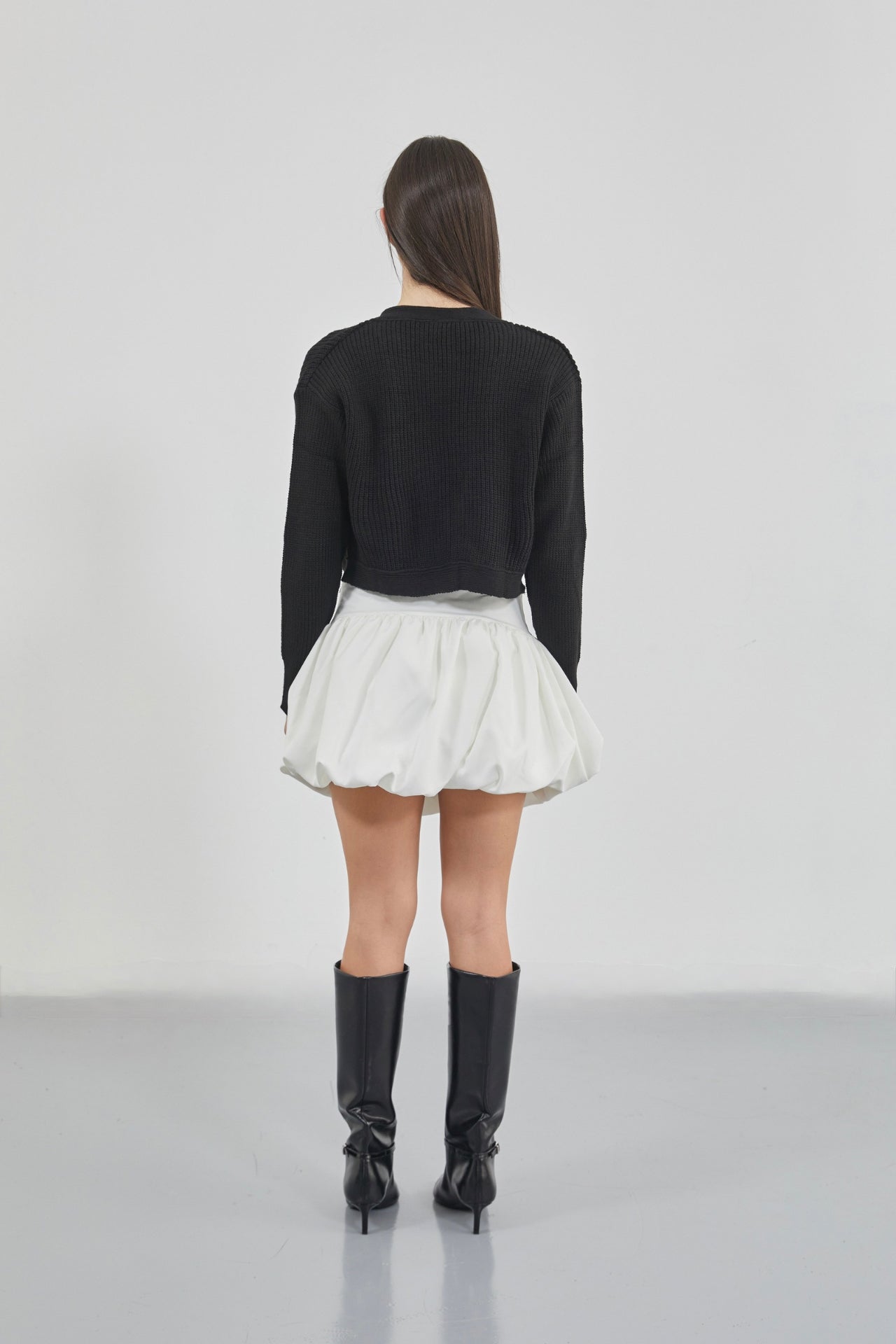 Crop Black Knitted Cardigan with Piping