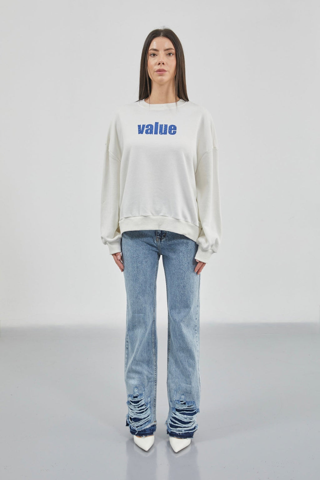 Printed Crew Neck Oversize Ecru Sweatshirt