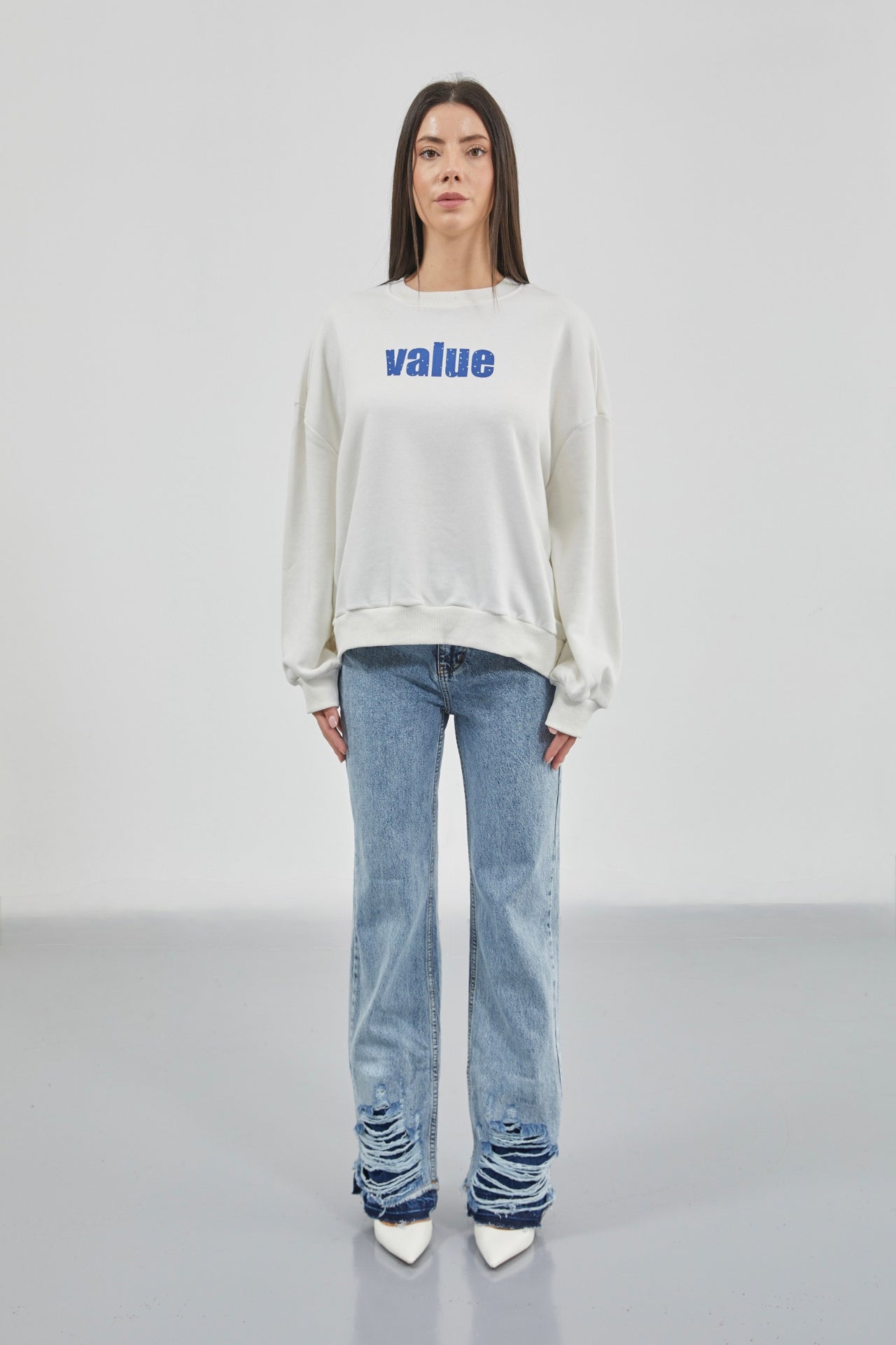 Printed Crew Neck Oversize Ecru Sweatshirt