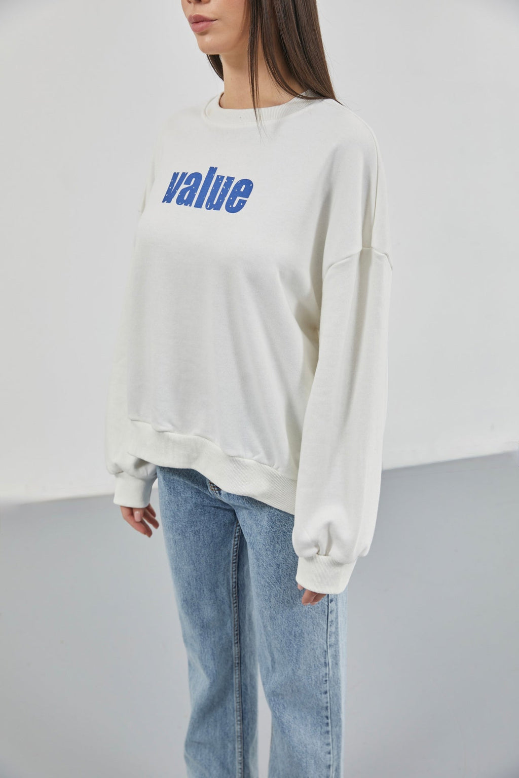 Printed Crew Neck Oversize Ecru Sweatshirt