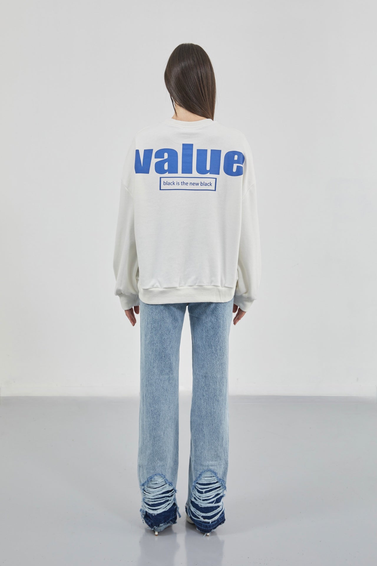 Printed Crew Neck Oversize Ecru Sweatshirt