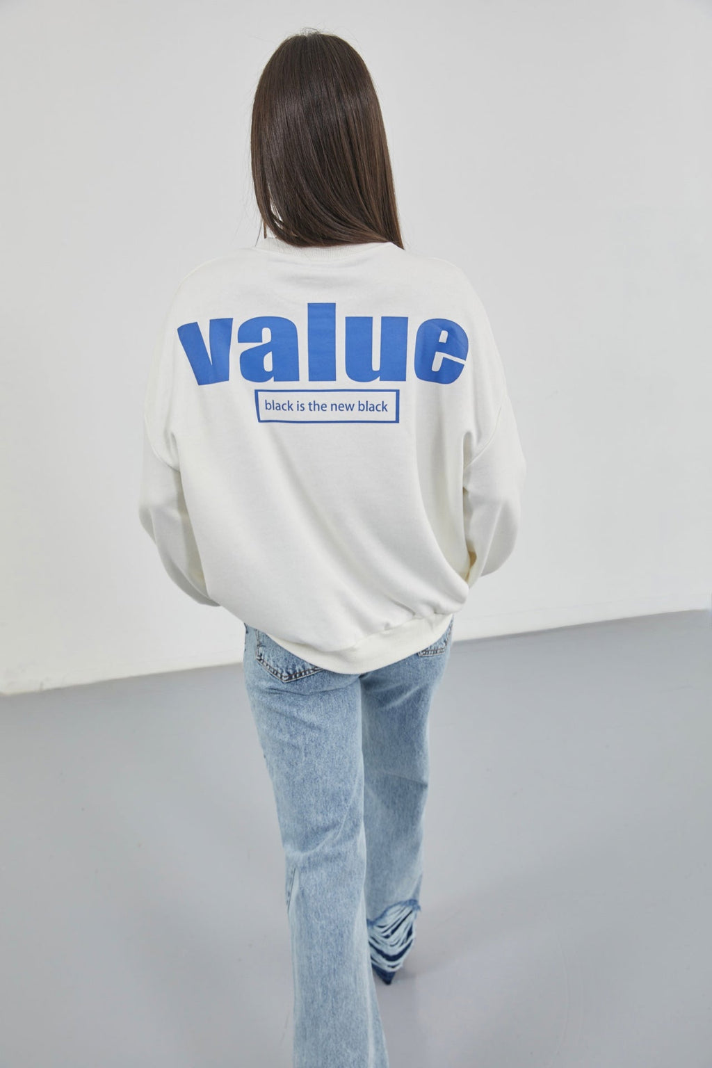 Printed Crew Neck Oversize Ecru Sweatshirt