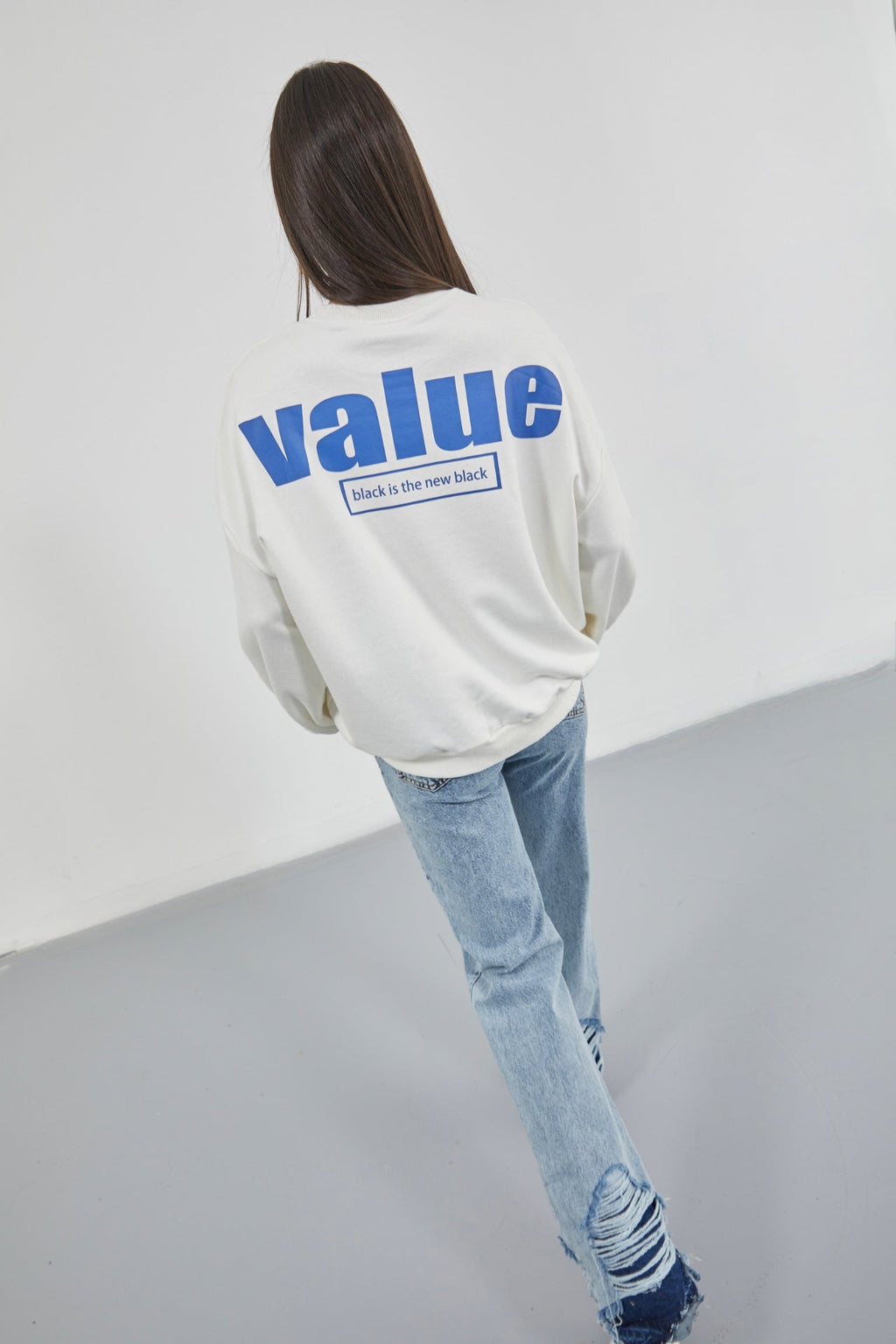 Printed Crew Neck Oversize Ecru Sweatshirt